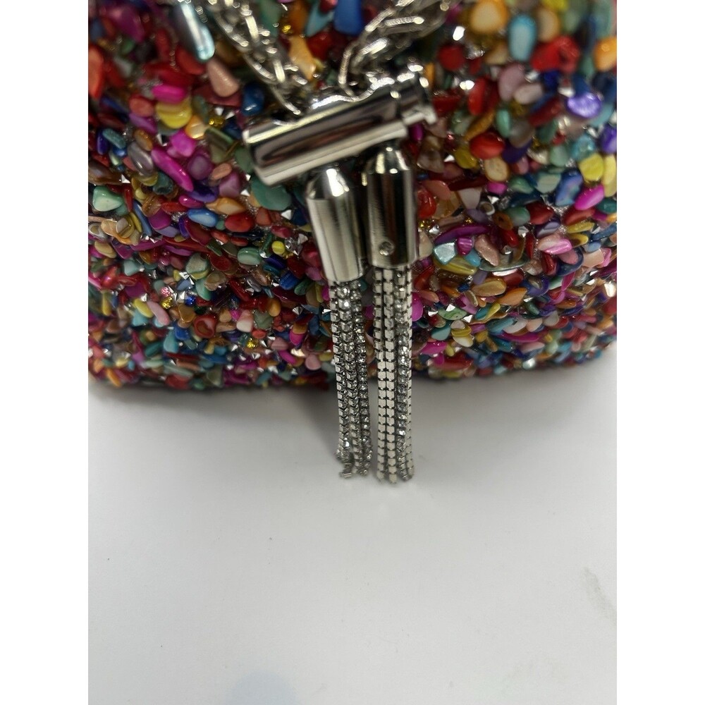 Multicolor Rhinestone Top Handle Mini Bag Chain Strap Drawstring Evening Purse - Picture 2 of 8